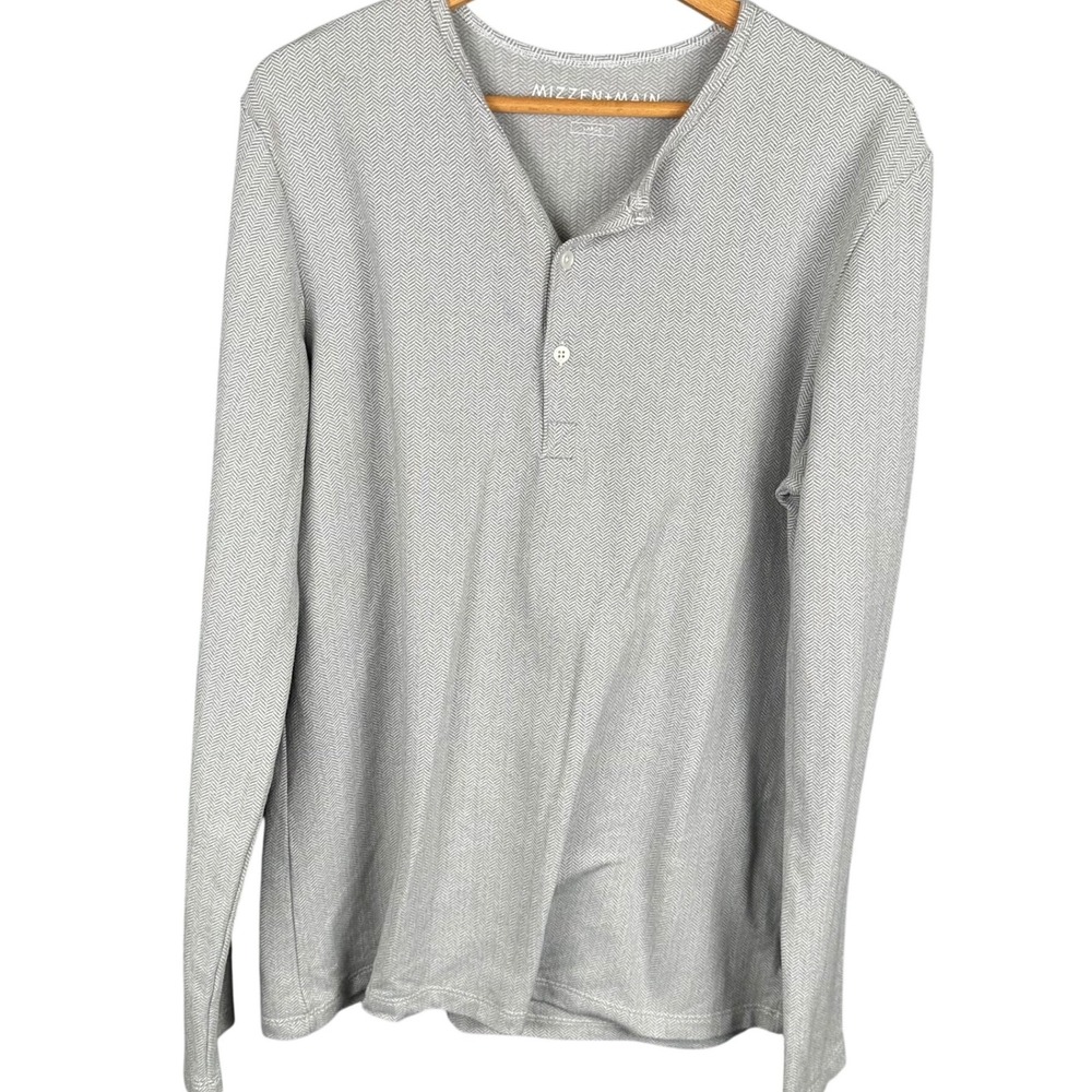 Mizzen+Main Mens Large Grey Herringbone Long Sleeve Henley Performance Shirt